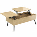 Table basse relevable avec double plateau, table de salon avec compartiment caché et pieds en métal, bois naturel-0