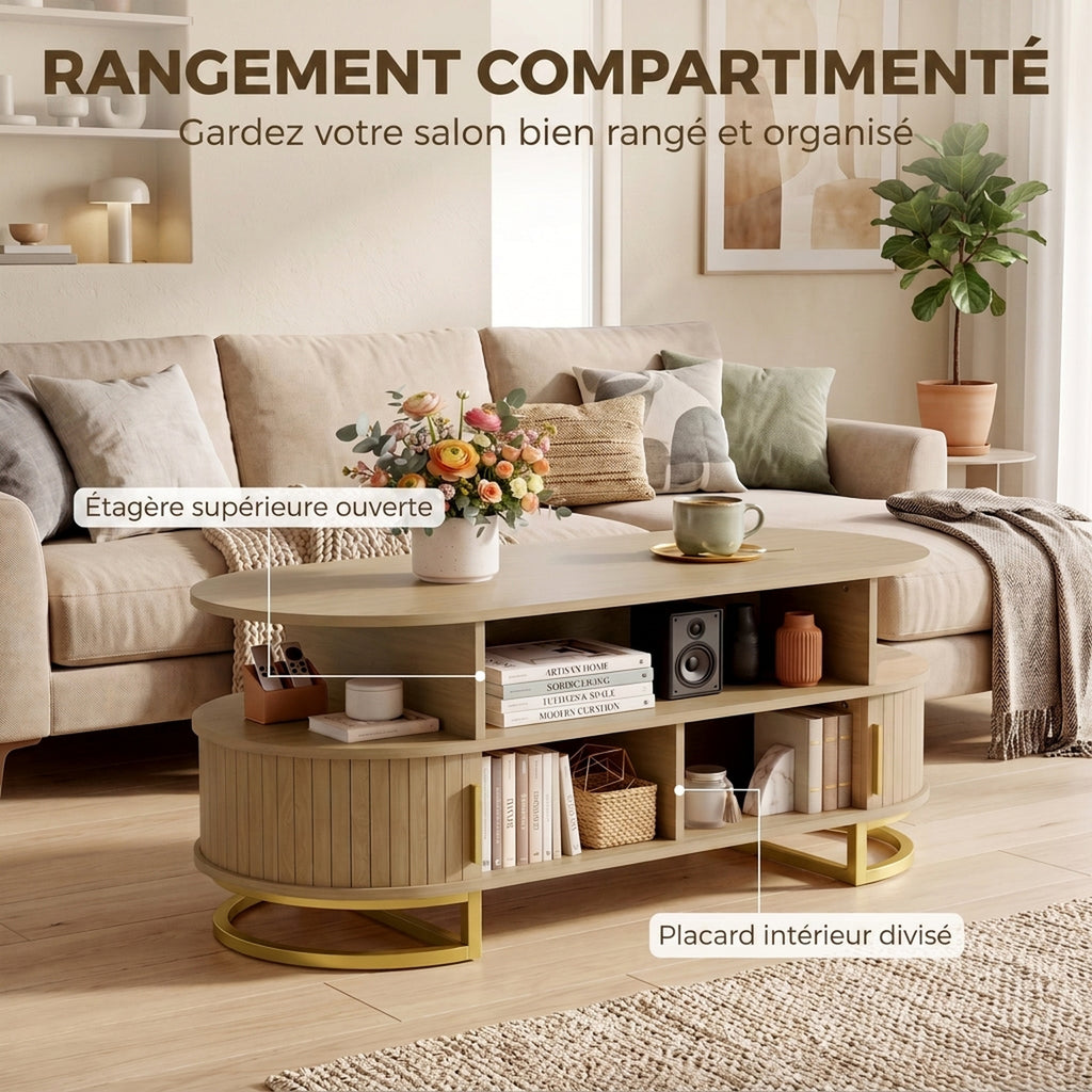 Table Basse Ovale, Table de Salon Moderne avec Portes à Tambour Coulissantes, Rangement Fermé, Étagères Ouvertes, Chêne-5