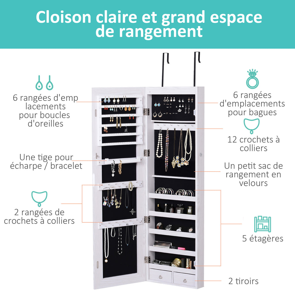 Armoire à bijoux suspendue au mur ou à la porte avec miroir, LED, 5 étagères, 2 tiroirs, 37x10x120cm, effet bois grisé-5
