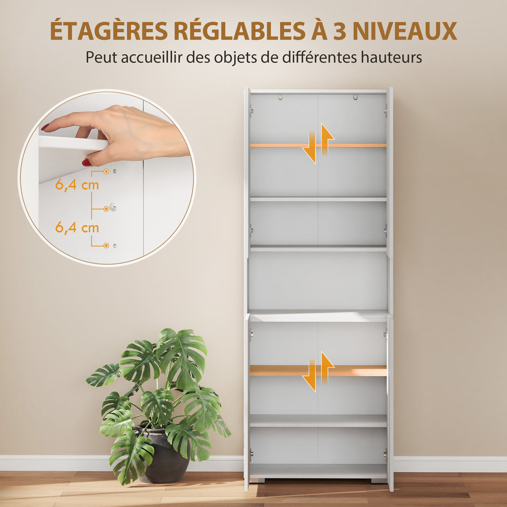 Buffet haut cuisine, armoire de cuisine, 4 portes à fermeture douce et étagères réglables, 68x34x180cm, blanc brillant-5