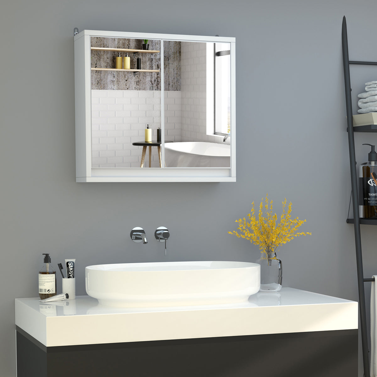 Armoire Murale Miroir Salle de Bain 2 étagères dim. 48L x 14l x 45H cm Panneaux Particules MDF Blanc-1