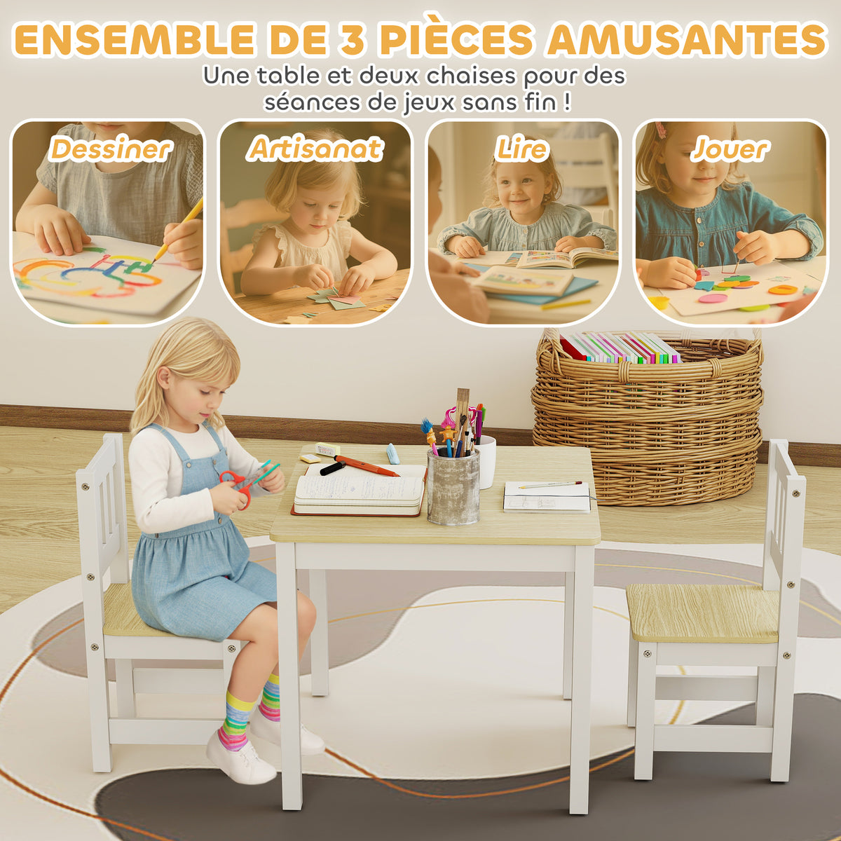 Table enfant avec chaise, lot table et 2 chaises enfant en bois pour dessiner, jouer, étudier, 56x52x48cm, bois naturel-4