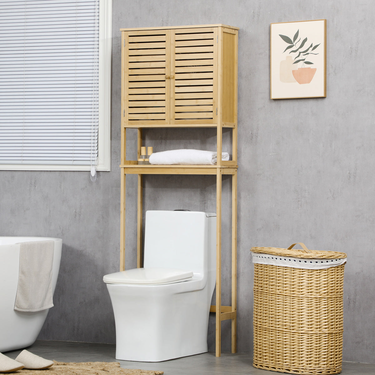 Étagère de toilettes meuble de salle de bain dessus toilette WC avec placard 2 portes et étagère ouverte 60 x 23 x 173 cm bambou-9