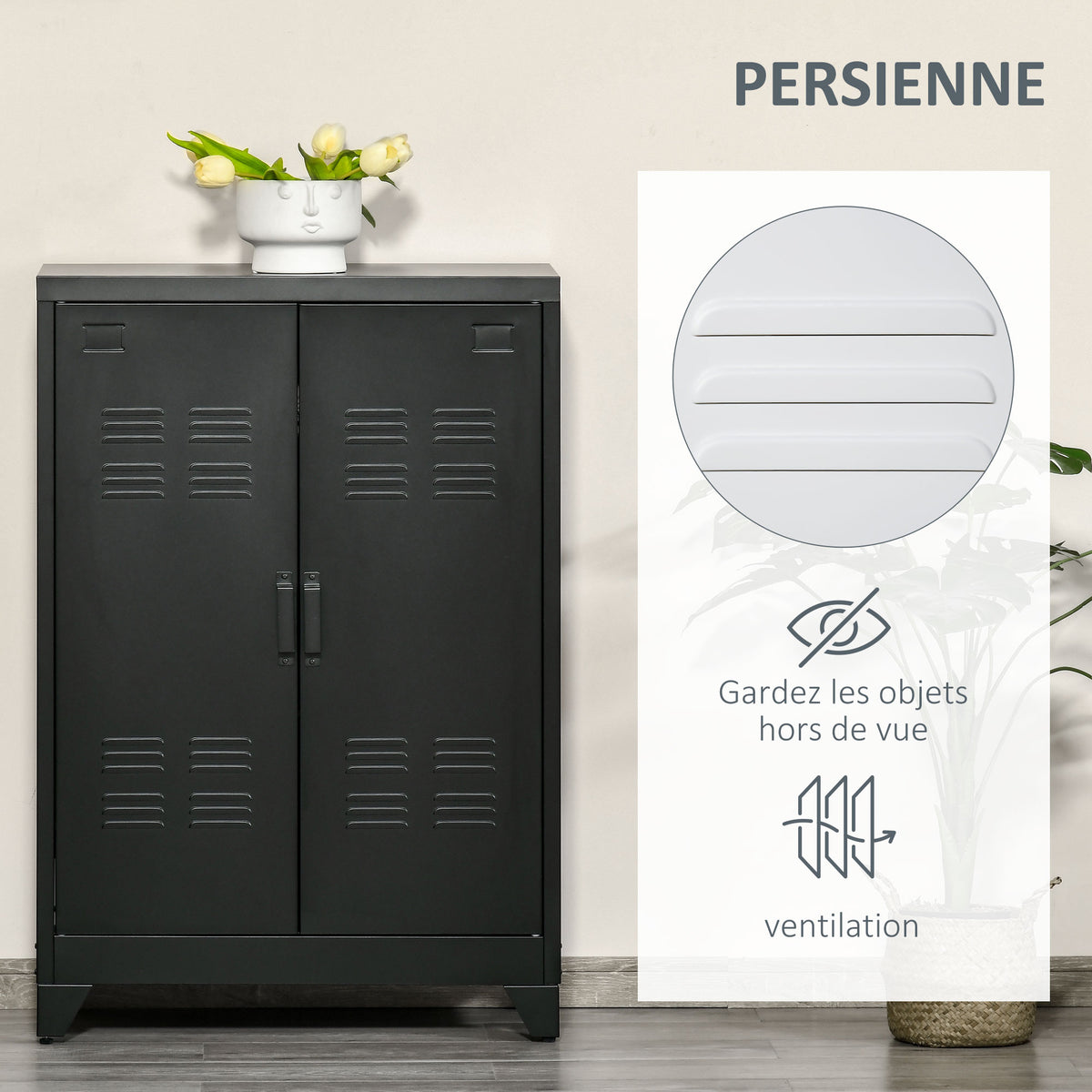 Armoire de Rangement métal Garde-robe Caisson de dossier Armoire Bureau sur pied Style Industriel - 2 étagères - Noir-4