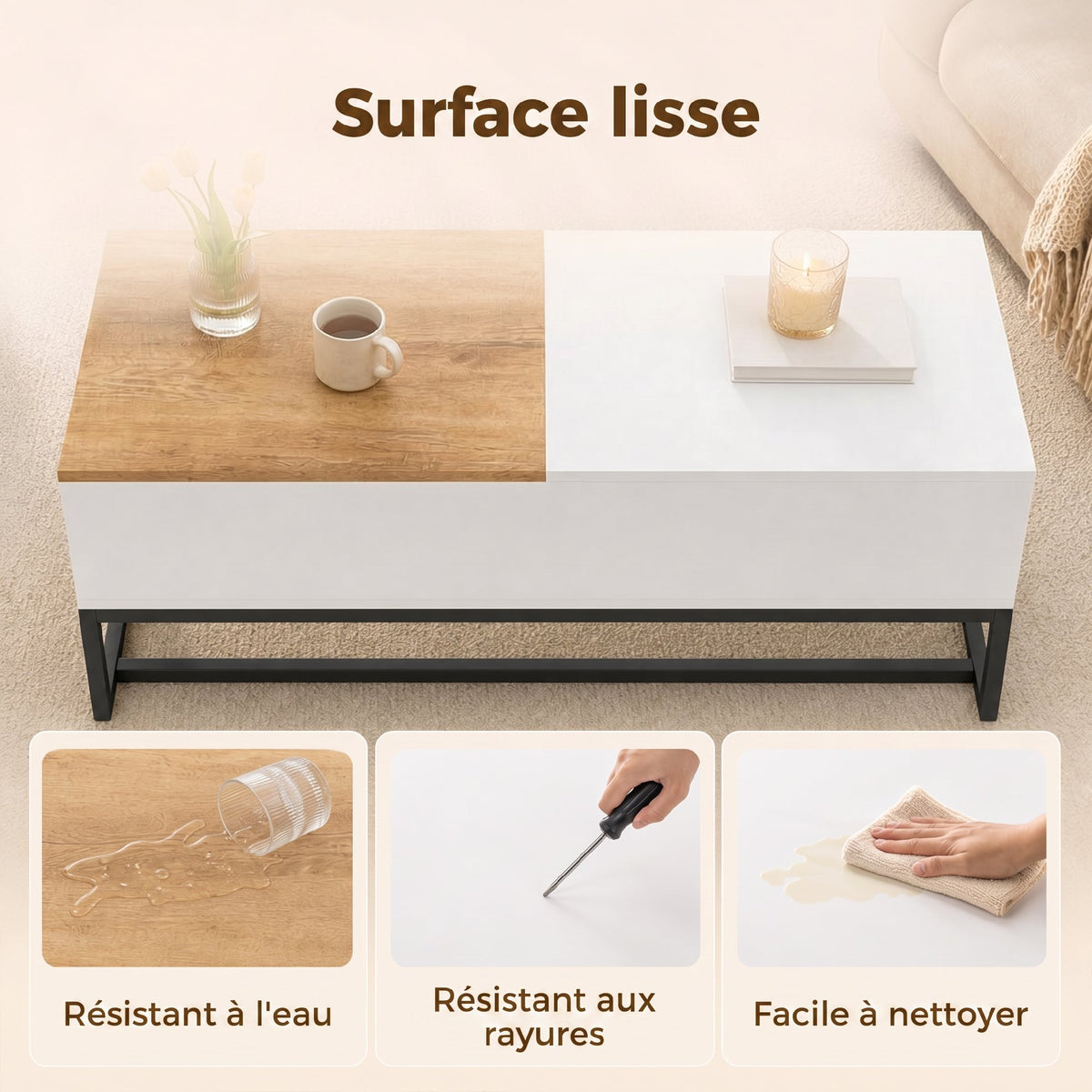 Table Basse Extensible avec Plateau Coulissant, Table de Salon avec Rangement Caché et Pieds en Acier, Blanc-6