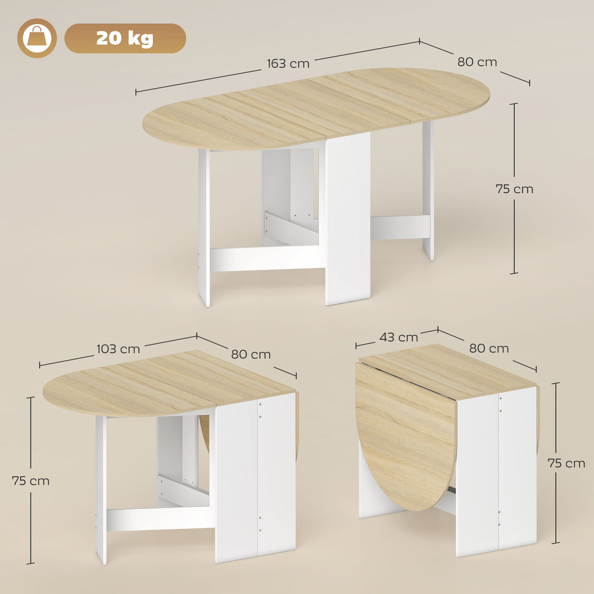 Table à manger pliante, table pliante cuisine ovale jusqu'à 6 personnes, pour petits espaces, salle à manger, bois naturel-2