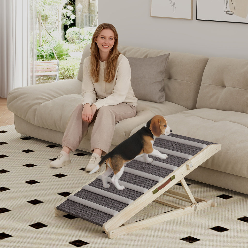 Rampe pour Chien en Bois avec Tapis Antidérapants, 4 Hauteurs Réglables de 35-50 cm, 100x50x50cm, Bois Naturel et Gris-1