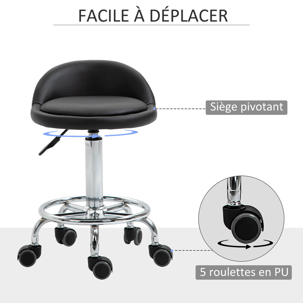 Lot de 2 tabouret à roulette pivotant 360°, assise réglable 47-62H cm, acier chromé revêtement synthétique noir-5