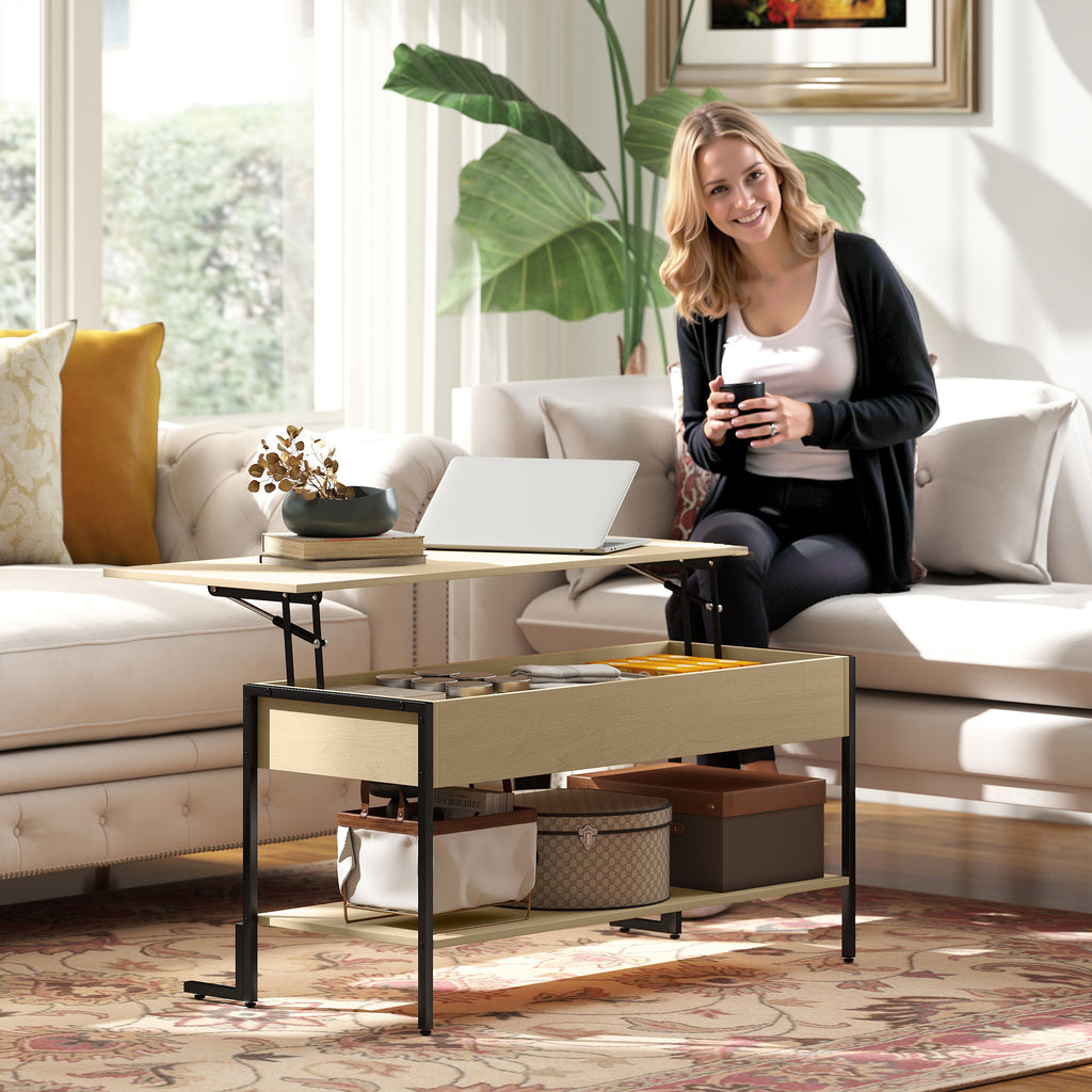 Table basse avec plateau relevable, table de salon avec compartiment caché et étagère ouverte, 95x40x59cm, bois naturel-8