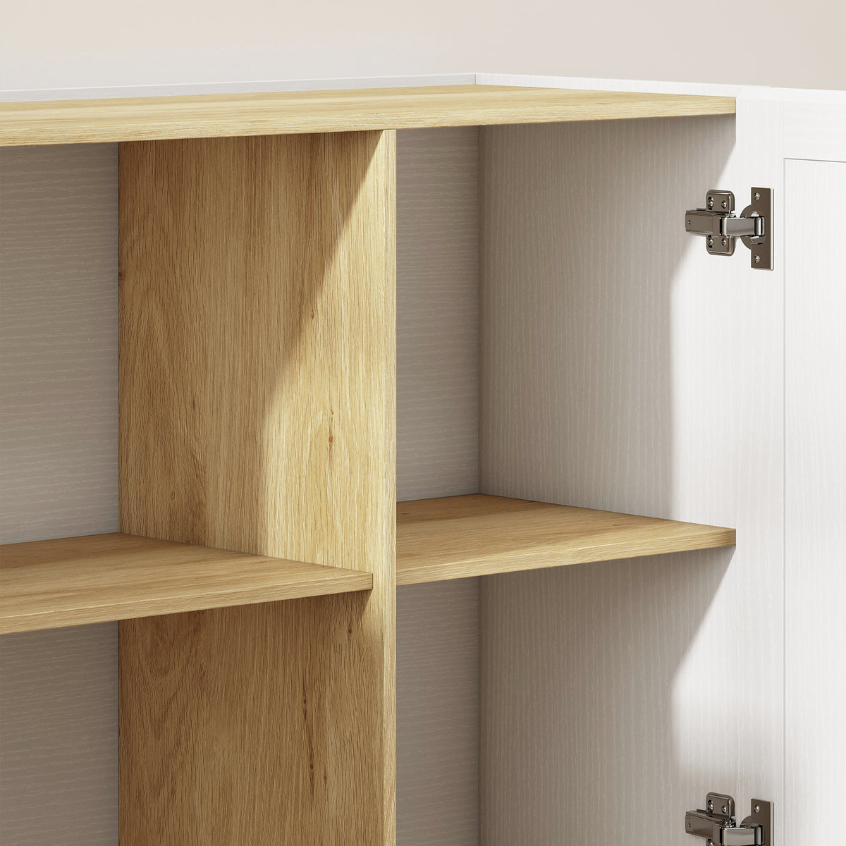 Buffet Cuisine, Meuble de Rangement avec 2 Portes et 2 Étagères Ouvertes, 133 x 35 x 79,7 cm, Bois Naturel et Blanc-9