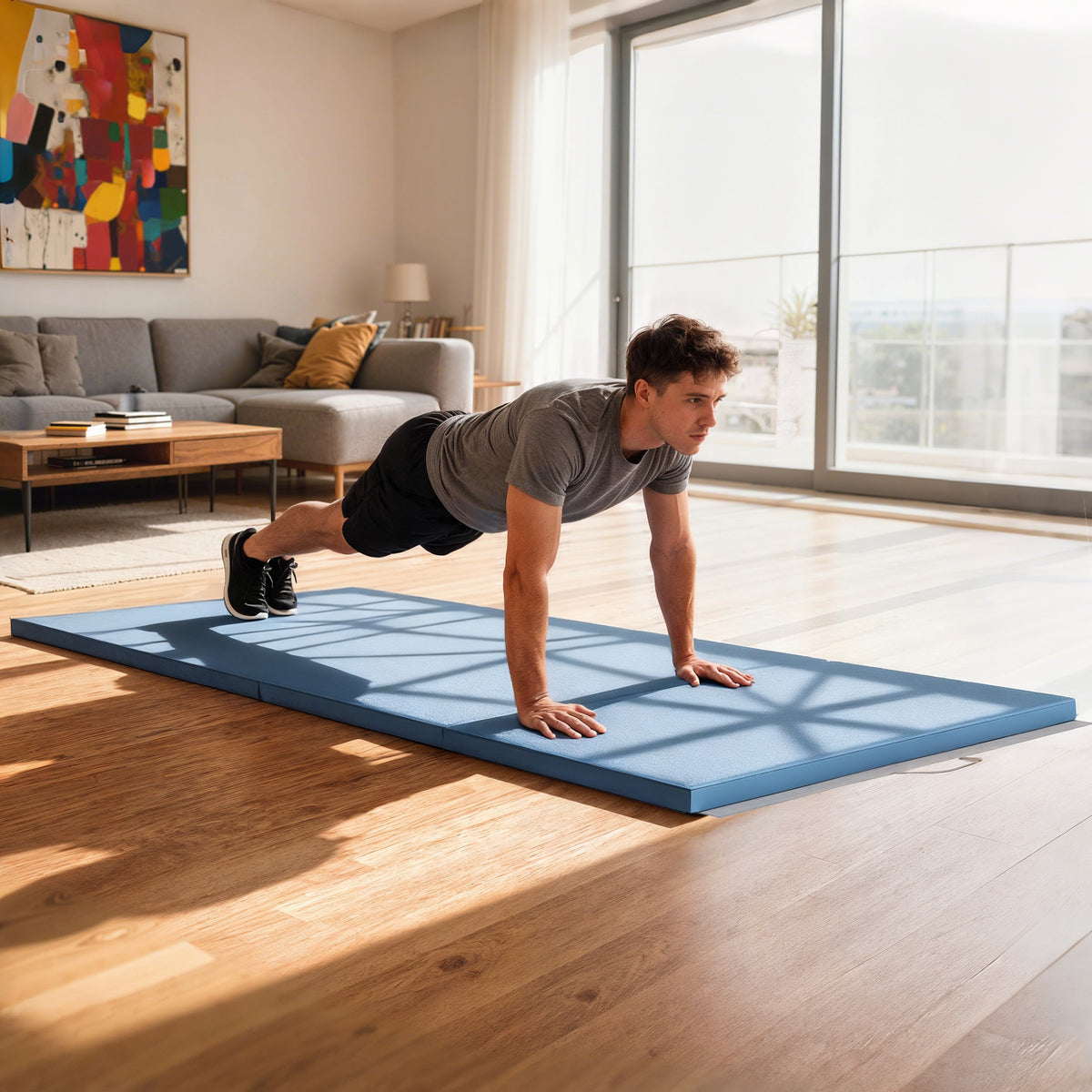 Tapis de gymnastique yoga pilates fitness pliable en 4 avec poignées revêtement synthétique 240 x 120 x 5 cm bleu clair-9