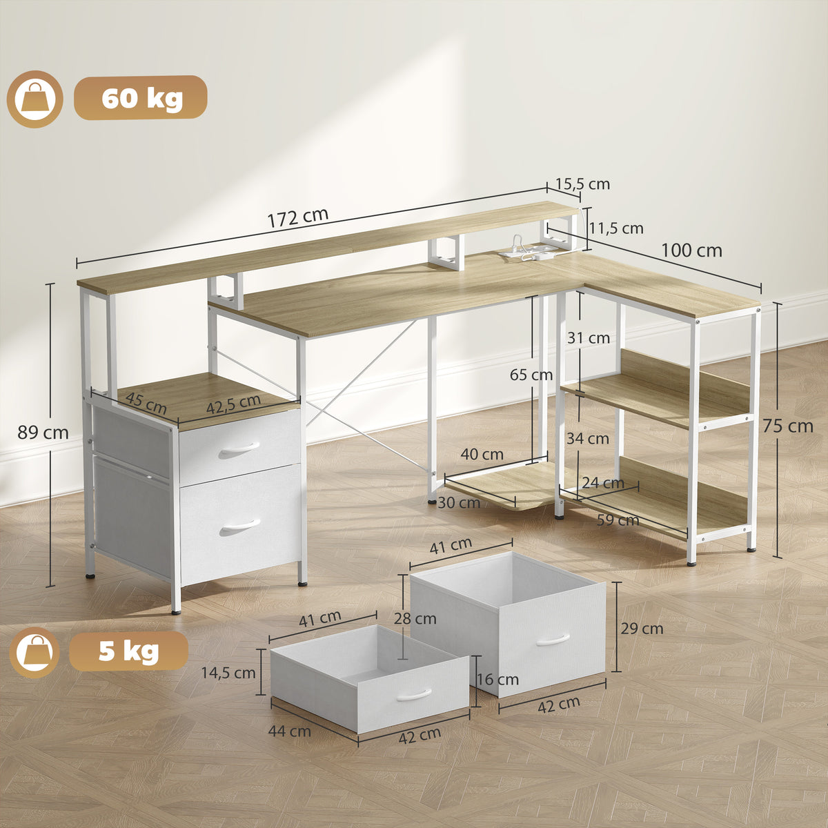 Bureau d'angle avec prises et lumières LED RGB, bureau d'ordinateur, 172 x 100 cm, support d'écran, 2 tiroirs, blanc-2