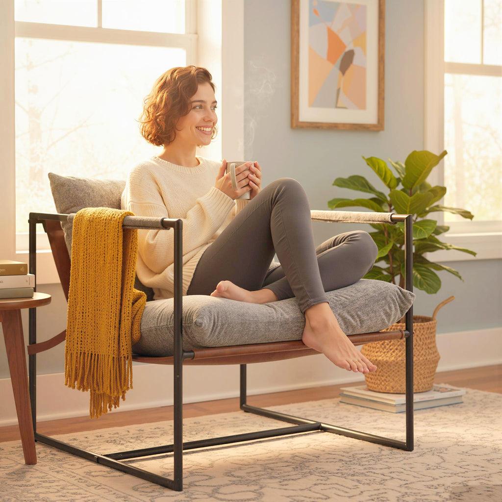 Fauteuil salon, fauteuil d'appoint rembourré en velours imprimé, large assise et structure en acier, 77x91x80cm, gris-6