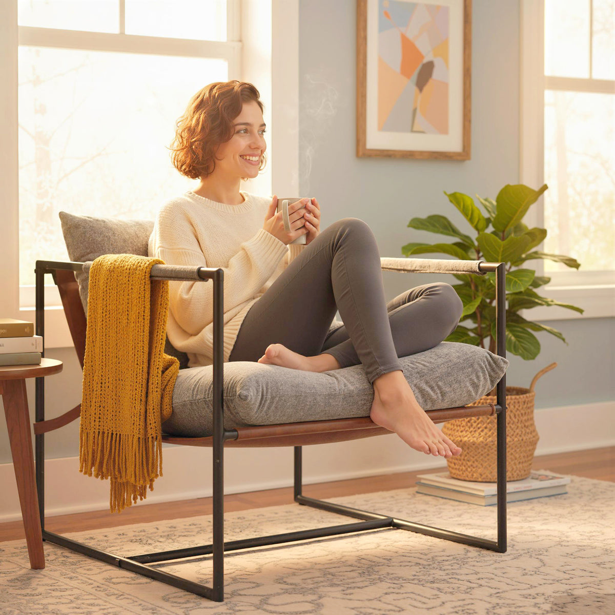 Fauteuil salon, fauteuil d'appoint rembourré en velours imprimé, large assise et structure en acier, 77x91x80cm, gris-6