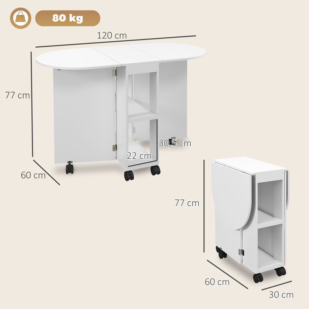 Table à manger pliante sur roulettes, table de cuisine pour 4 personnes, 2 abattants et 2 étagères, 120x60x77cm, blanc-2