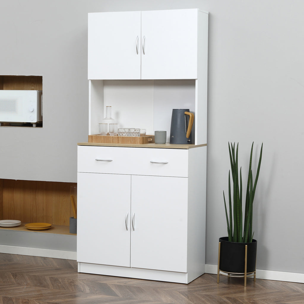 Buffet haut cuisine, armoire de cuisine, 4 portes, tiroir, plan de travail et étagères réglables, 80x40x180cm, blanc-9