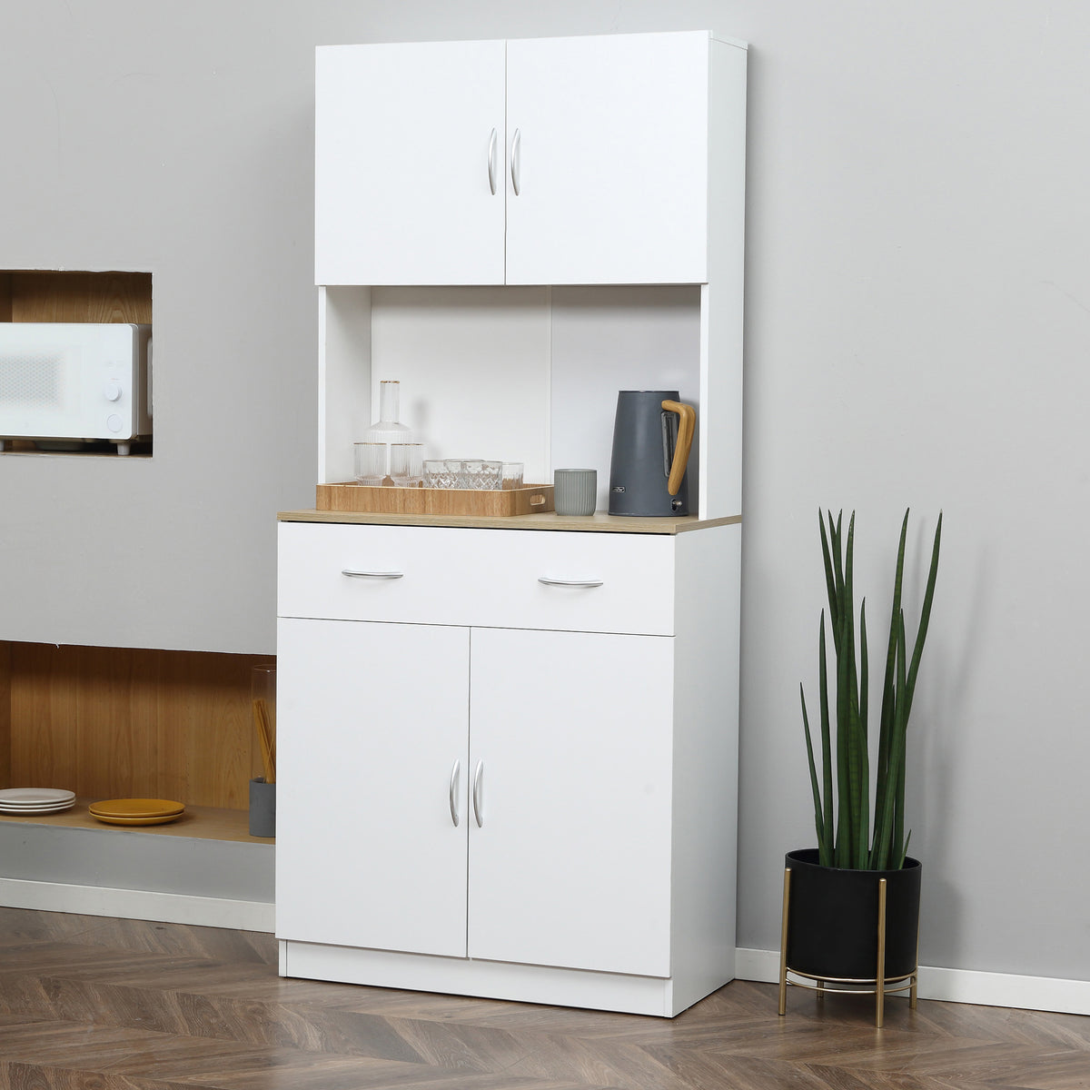 Buffet haut cuisine, armoire de cuisine, 4 portes, tiroir, plan de travail et étagères réglables, 80x40x180cm, blanc-9