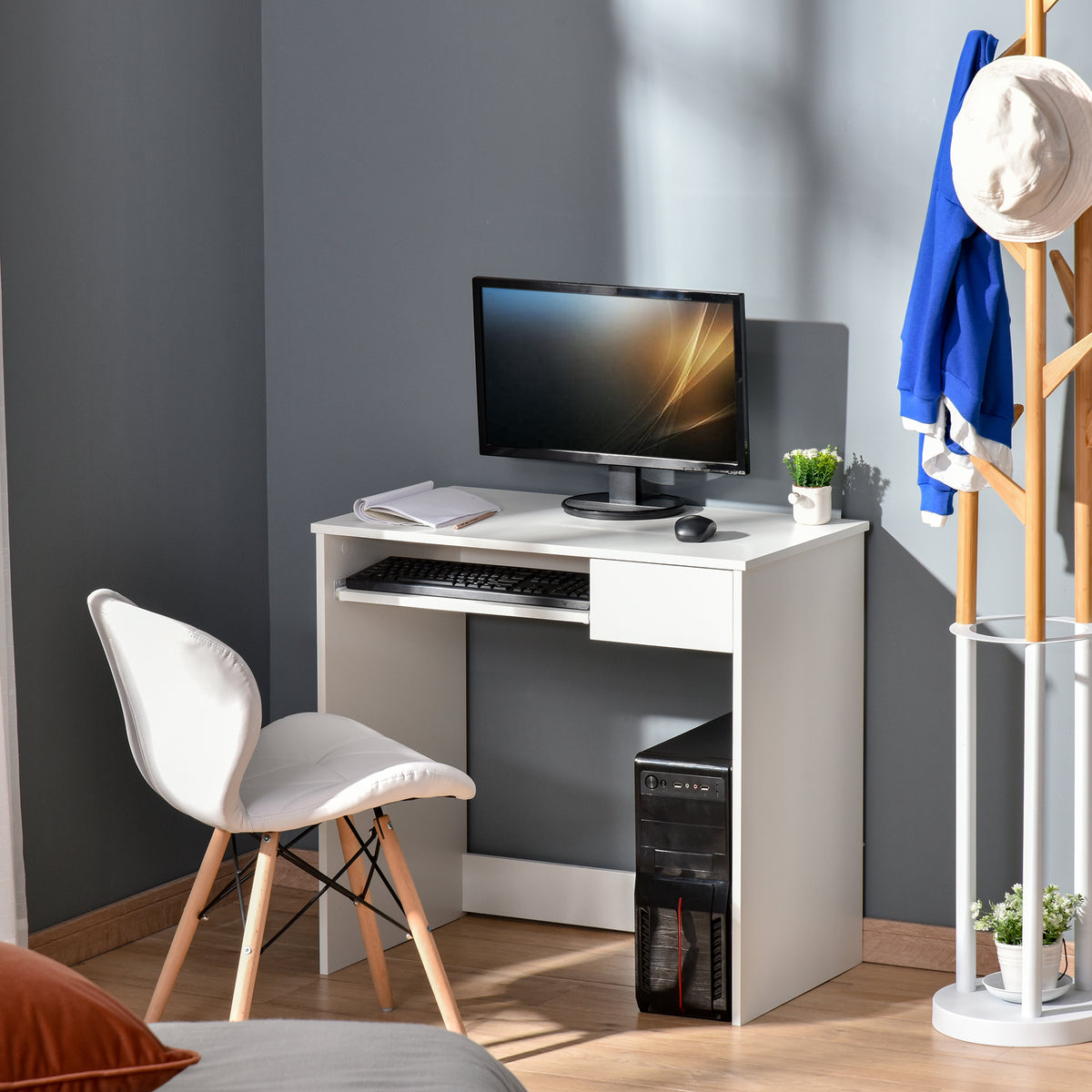Bureau d'Ordinateur, 80 x 45 x 75 cm, Bureau avec Rangement, Plateau pour Clavier et Tiroir, Blanc-8