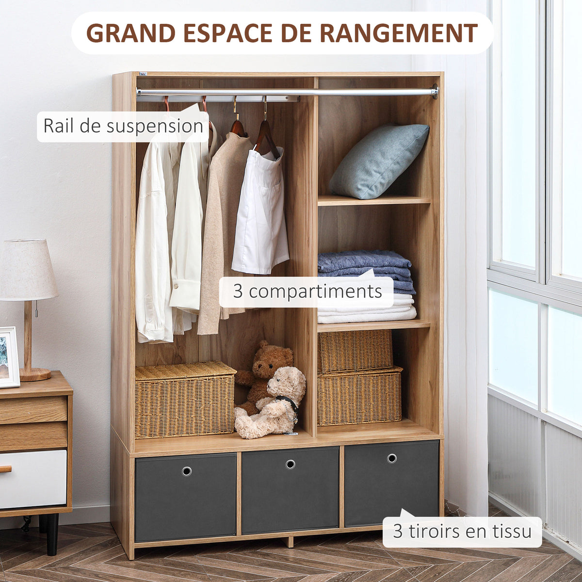 Armoire penderie armoire de rangement avec tringle rideaux 3 tiroirs en tissu amovibles 105 x 48 x 160 cm naturel-4