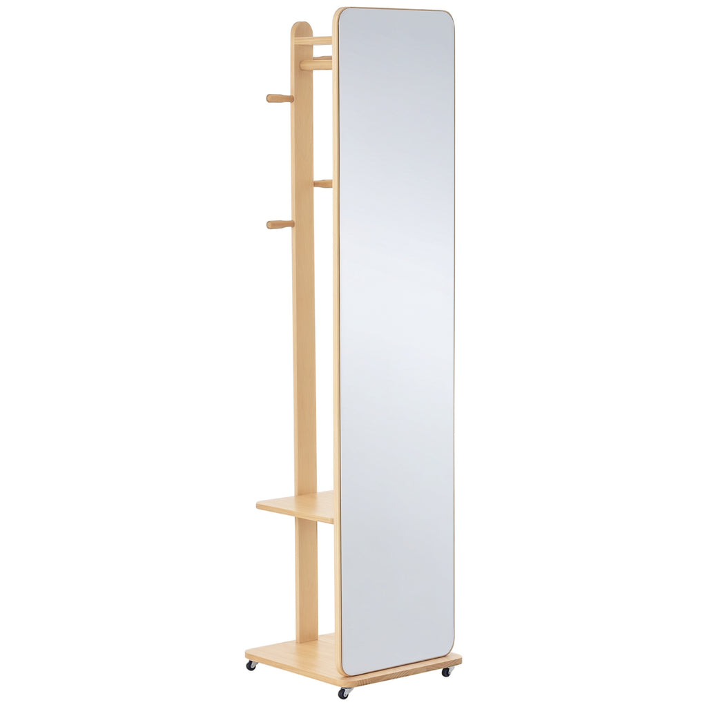 Miroir sur Pied avec roulettes - Portant, 4 patères étagère MDF Aspect Bois Clair-0