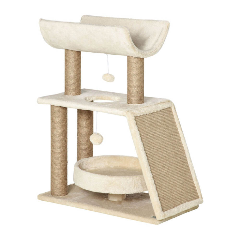 Tiragraffi per gatti beige a 2 livelli con cuccia