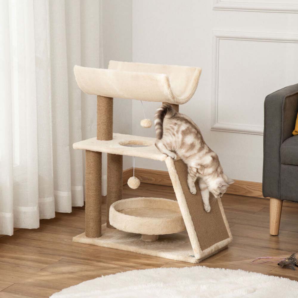 Tiragraffi per gatti beige a 2 livelli con cuccia