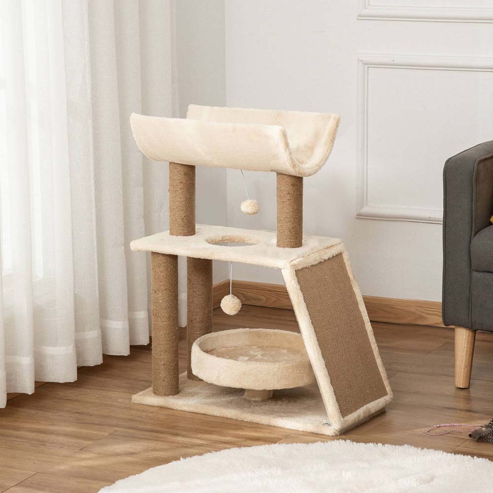 Tiragraffi per gatti beige a 2 livelli con cuccia