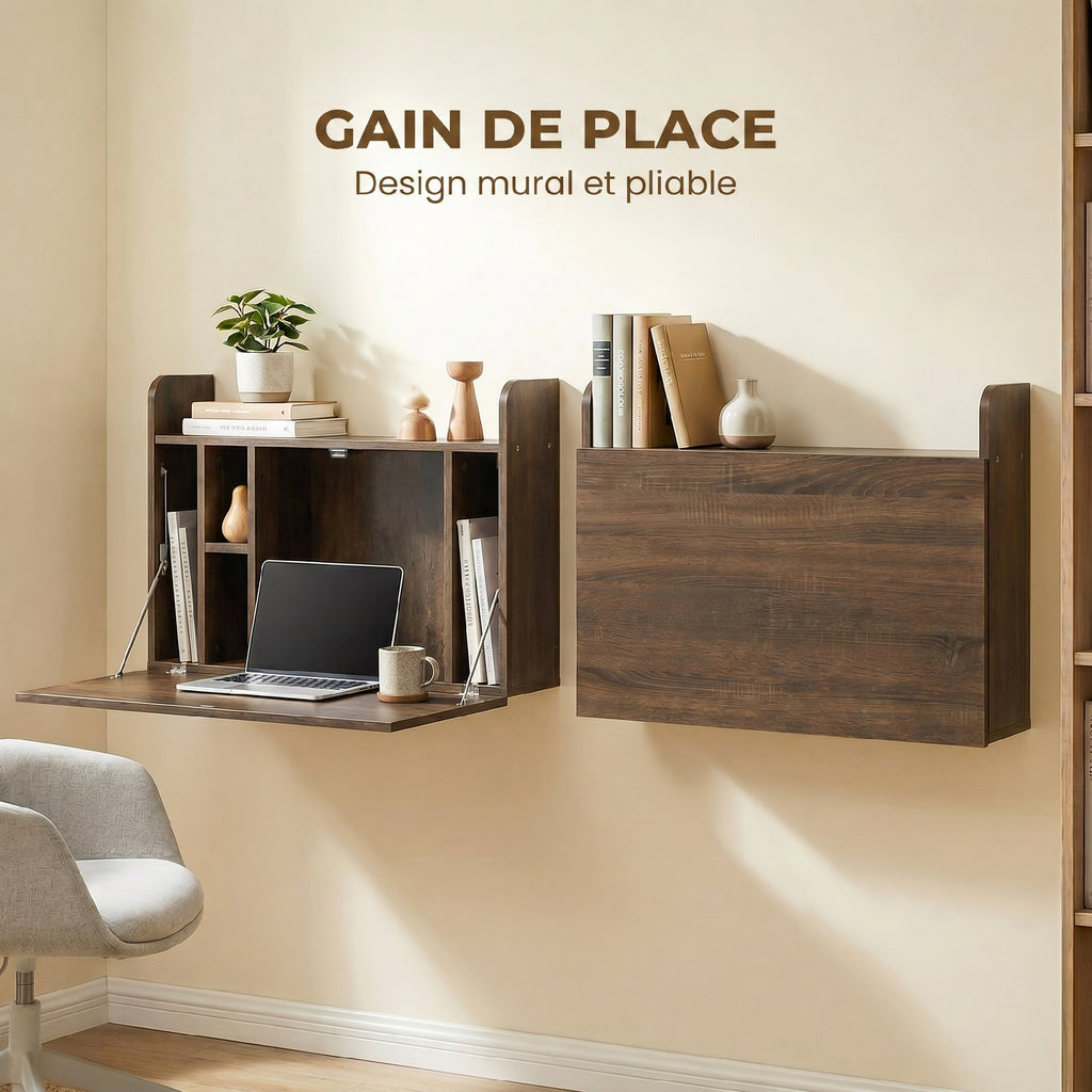 Bureau suspendu table murale table d'ordinateur murale et tablette rabattable avec rangements - 77 x 20 x 51 cm-3