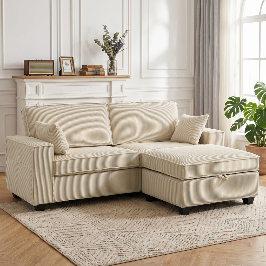 Canapé 3 Places avec Pouf de Rangement, Canapé d'Angle en Velours Côtelé, Assise Large, 2 Coussins, Beige-1