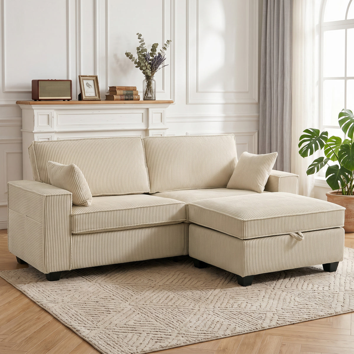 Canapé 3 Places avec Pouf de Rangement, Canapé d'Angle en Velours Côtelé, Assise Large, 2 Coussins, Beige-1