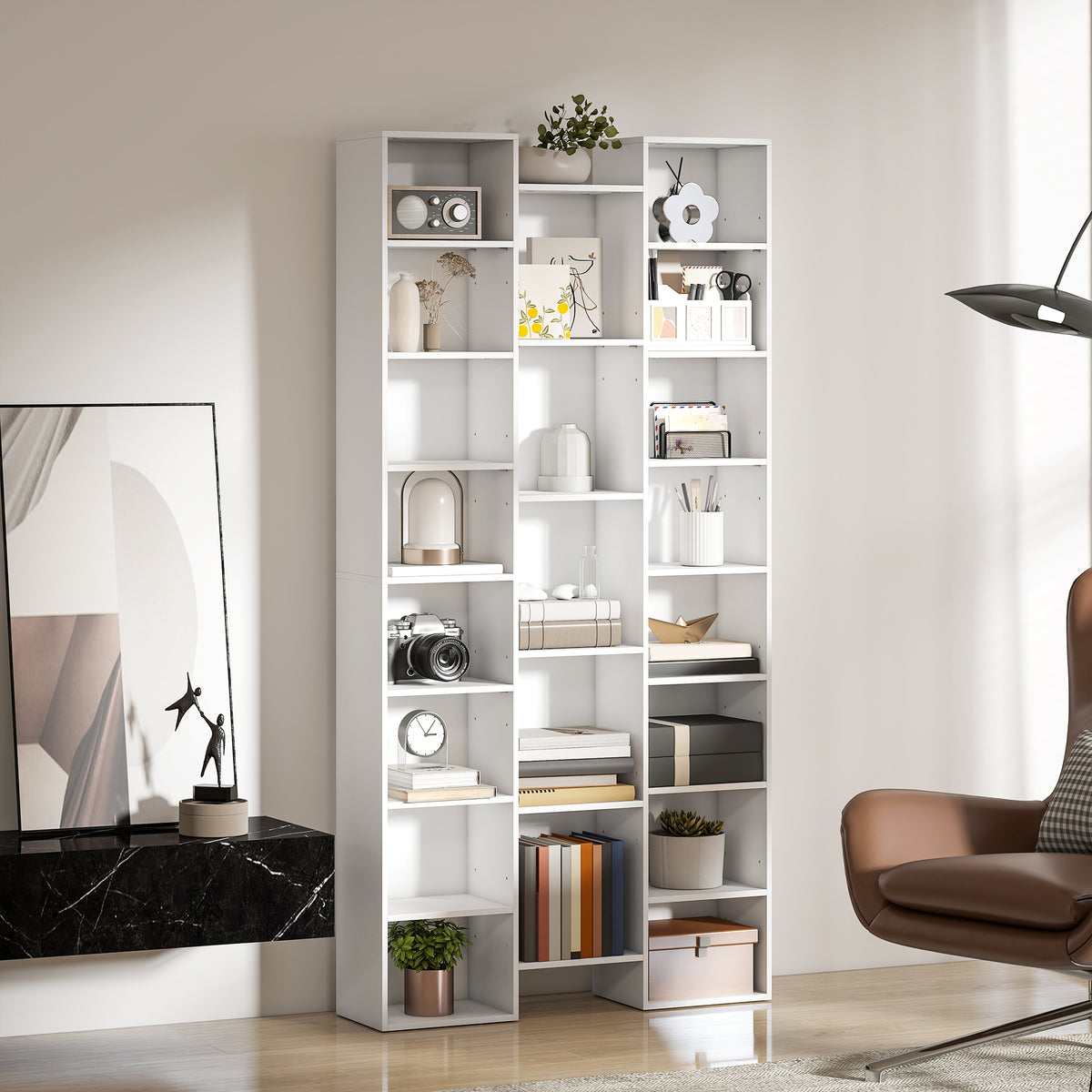 Bibliothèque, étagère à livres, étagère de rangement, 21 compartiments et 10 étagères réglables, 89,5x23,5x181cm, blanc-7