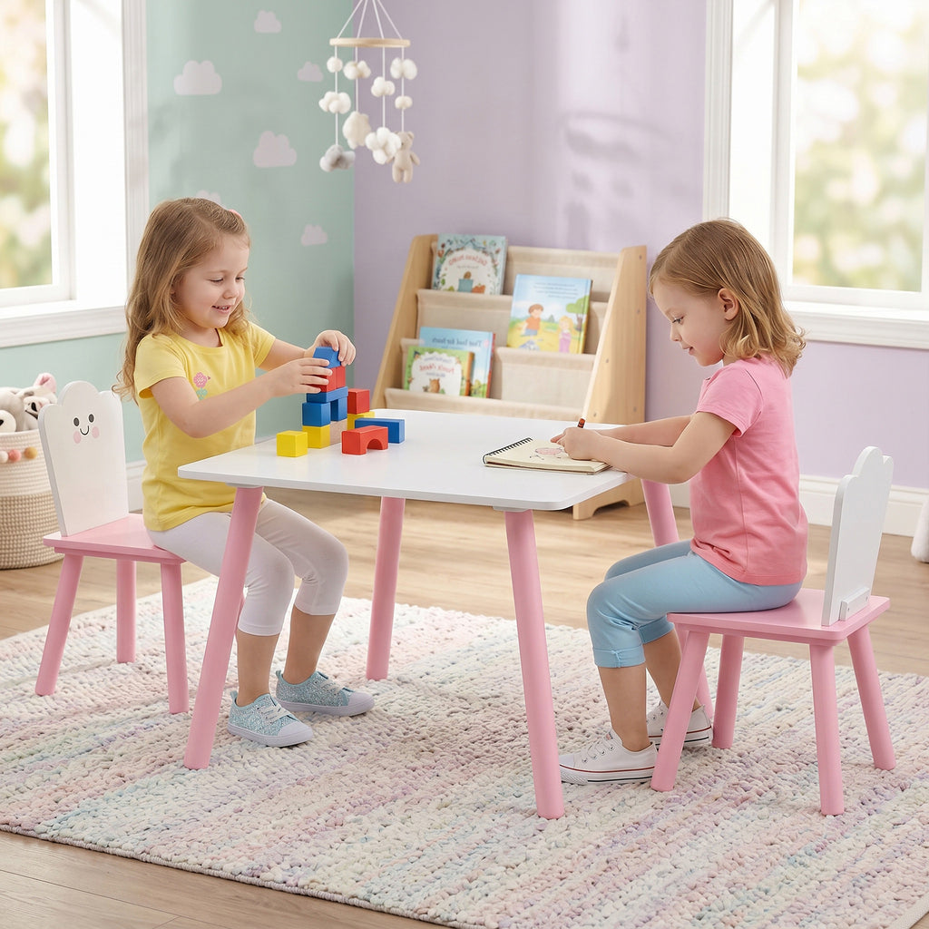 Table enfant avec chaise, ensemble table et 2 chaises en bois pour dessiner, jouer, étudier, rose-9