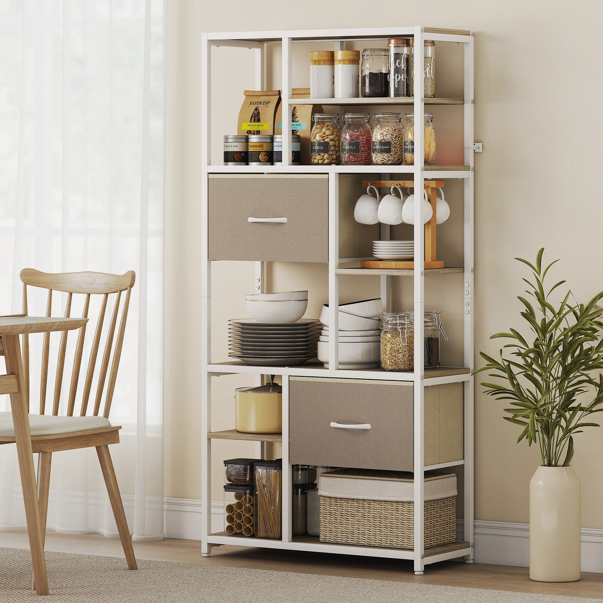 Étagère de rangement 6 niveaux, bibliothèque avec 2 tiroirs en tissu, 9 étagères ouvertes, 72,5 x 30 x 150 cm, blanc-7