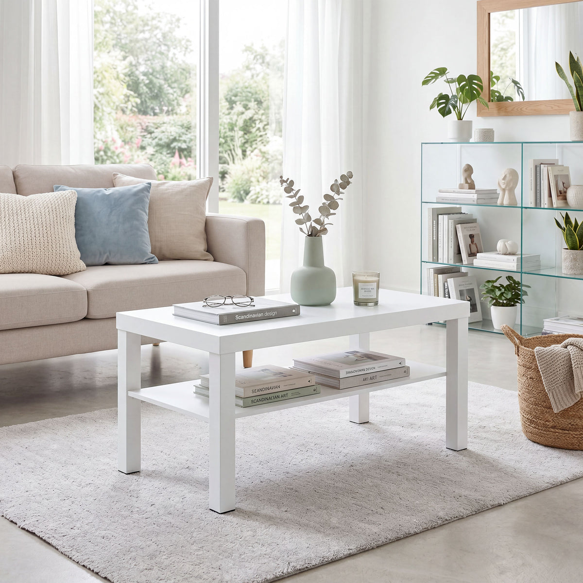 Table basse de salon, table d'appoint rectangulaire à 2 niveaux avec étagère de rangement, 90x45x44,5cm, blanc-8