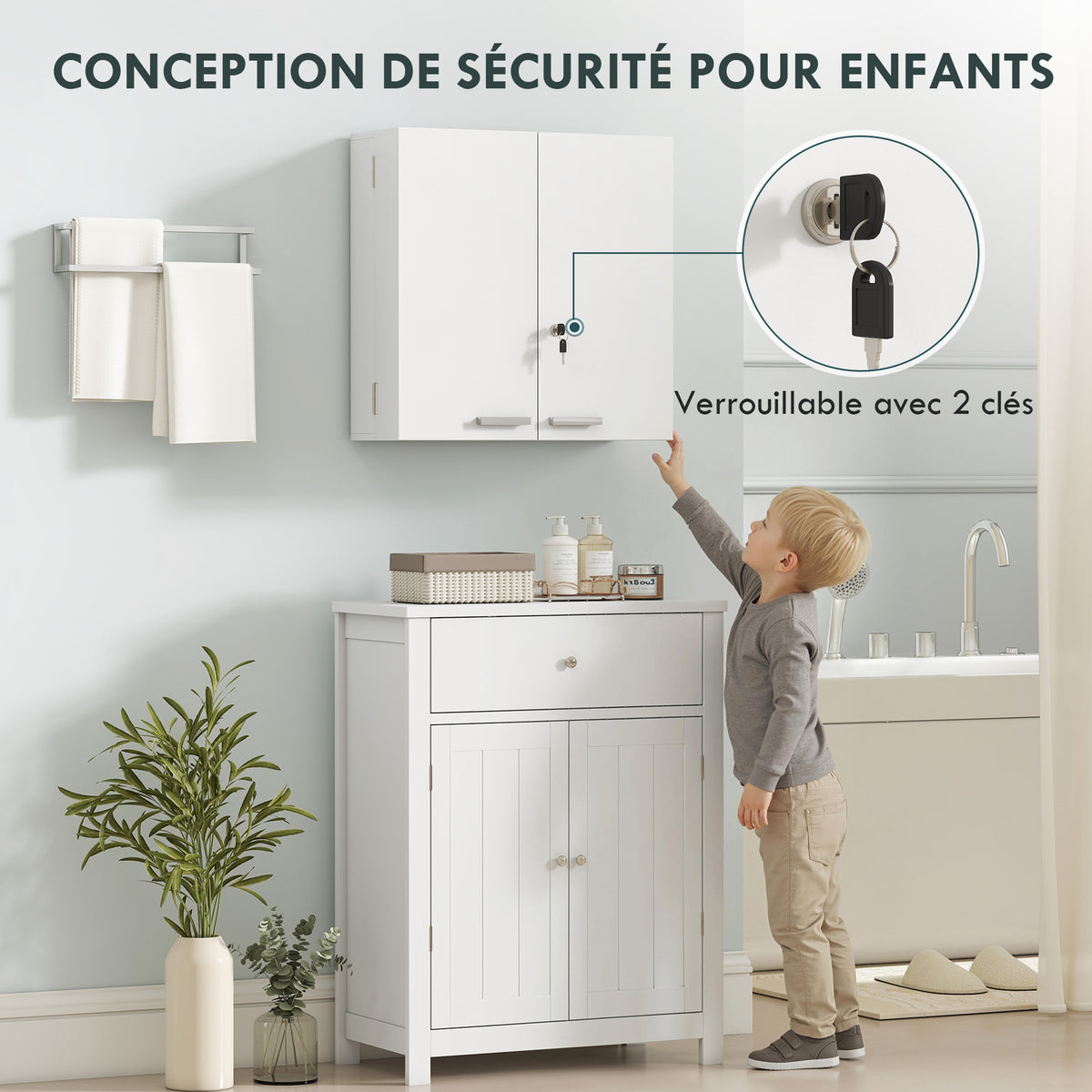 Armoire à pharmacie murale, armoire à médicaments avec double porte verrouillable 2 clés, 53x20x53cm, blanc-4