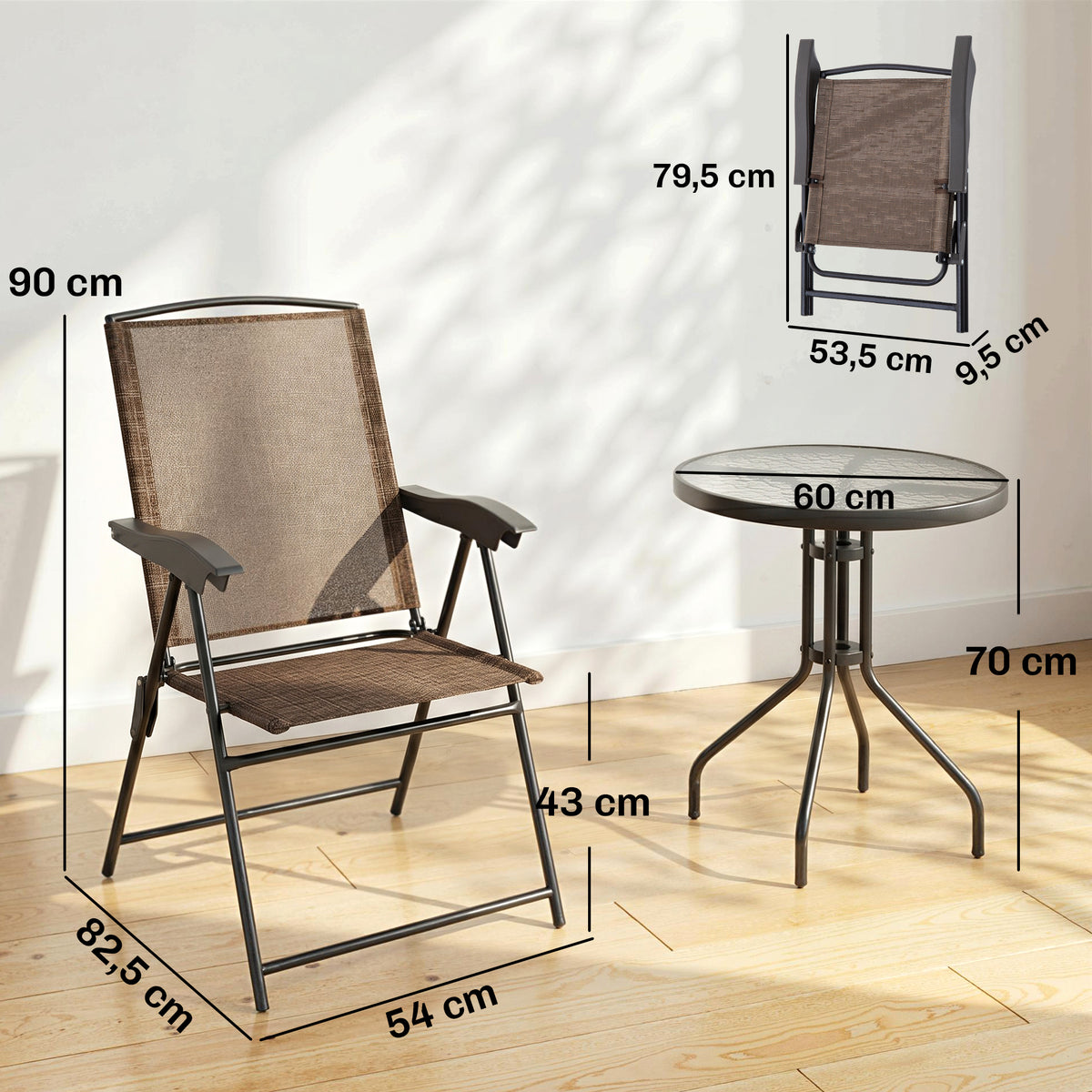 Ensemble de Jardin 3 pièces 2 chaises inclinables Multi-Positions Pliables + Table Ronde Verre trempé métal-2