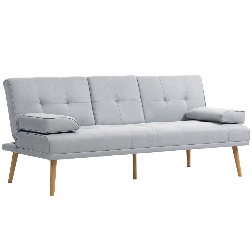 Canapé convertible 3 places, canapé-lit rembourré avec dossier réglable 3 niveaux, 2 coussins et 2 porte-gobelets intégrés, tissu de lin, pour salon, chambre d'amis, petit espace, gris clair-0