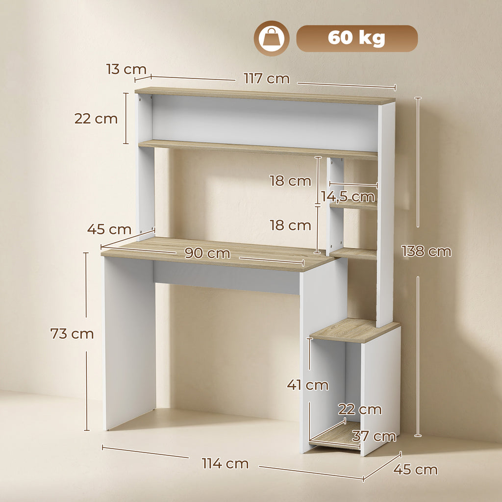 Bureau Informatique, 114 x 45 x 138 cm, Bureau avec Rangement, Étagères Ouvertes et Support UC, Blanc et Bois Naturel-2