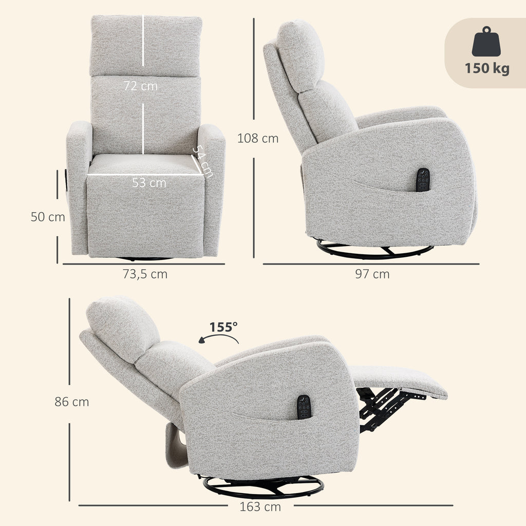 Fauteuil inclinable de massage et chauffage, fauteuil de relaxation en chenille, dossier réglable, pivotant 360°, crème-2