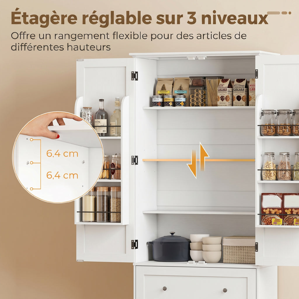 Buffet haut cuisine, armoire de cuisine 2 portes, 2 tiroirs, 6 porte-racks, étagères réglables, 80x39,5x184,5cm, blanc-4