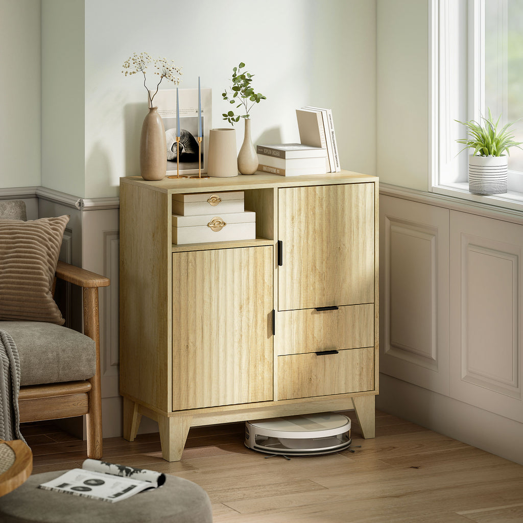 Buffet salon, meuble de rangement, 2 portes, 2 tiroirs, étagère réglable, compartiment ouvert, 80x40x90cm, bois naturel-9