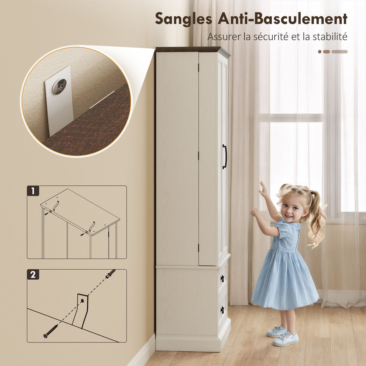 Buffet haut cuisine, armoire de cuisine, LED à capteur, 2 portes, tiroirs et étagères réglables, 76x39,5x183cm, blanc-7