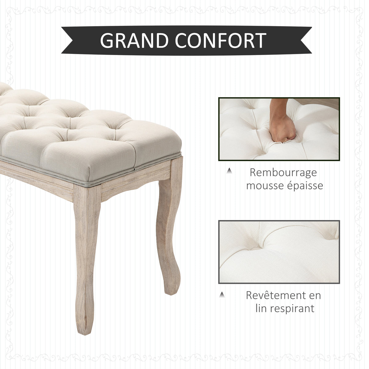 Banc Banquette capitonnée Style Classique 110 cm Bout de lit Rembourrée en lin piètement Bois hévéa sculpté Beige-3