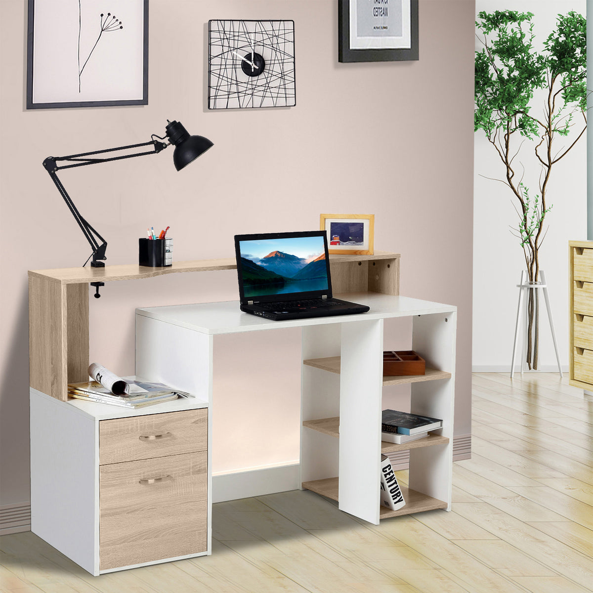 Bureau informatique avec 2 tiroirs, bureau avec rangement, 137 x 55 x 92 cm, étagères ouvertes et tablette-9