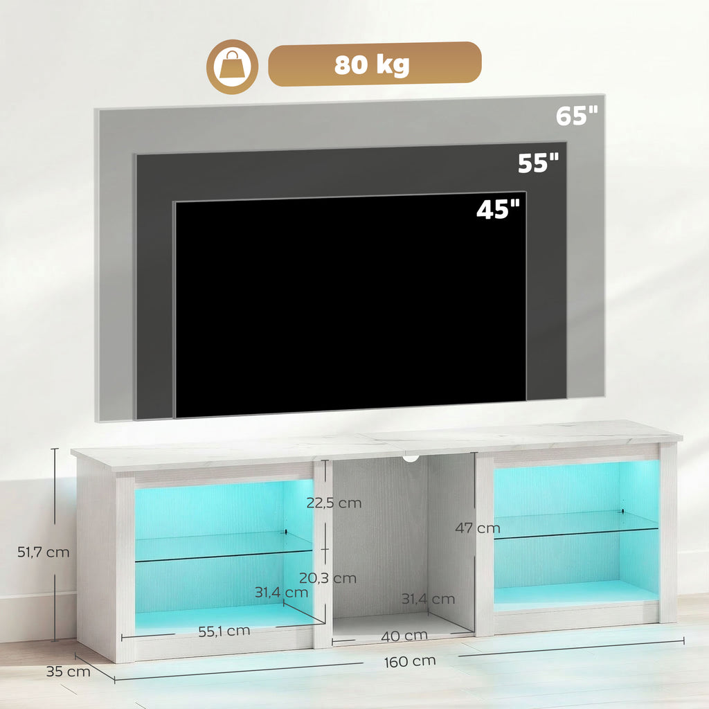 Schema delle dimensioni del mobile TV bianco da 160 × 35 × 51,7 cm, dei vani e dei ripiani