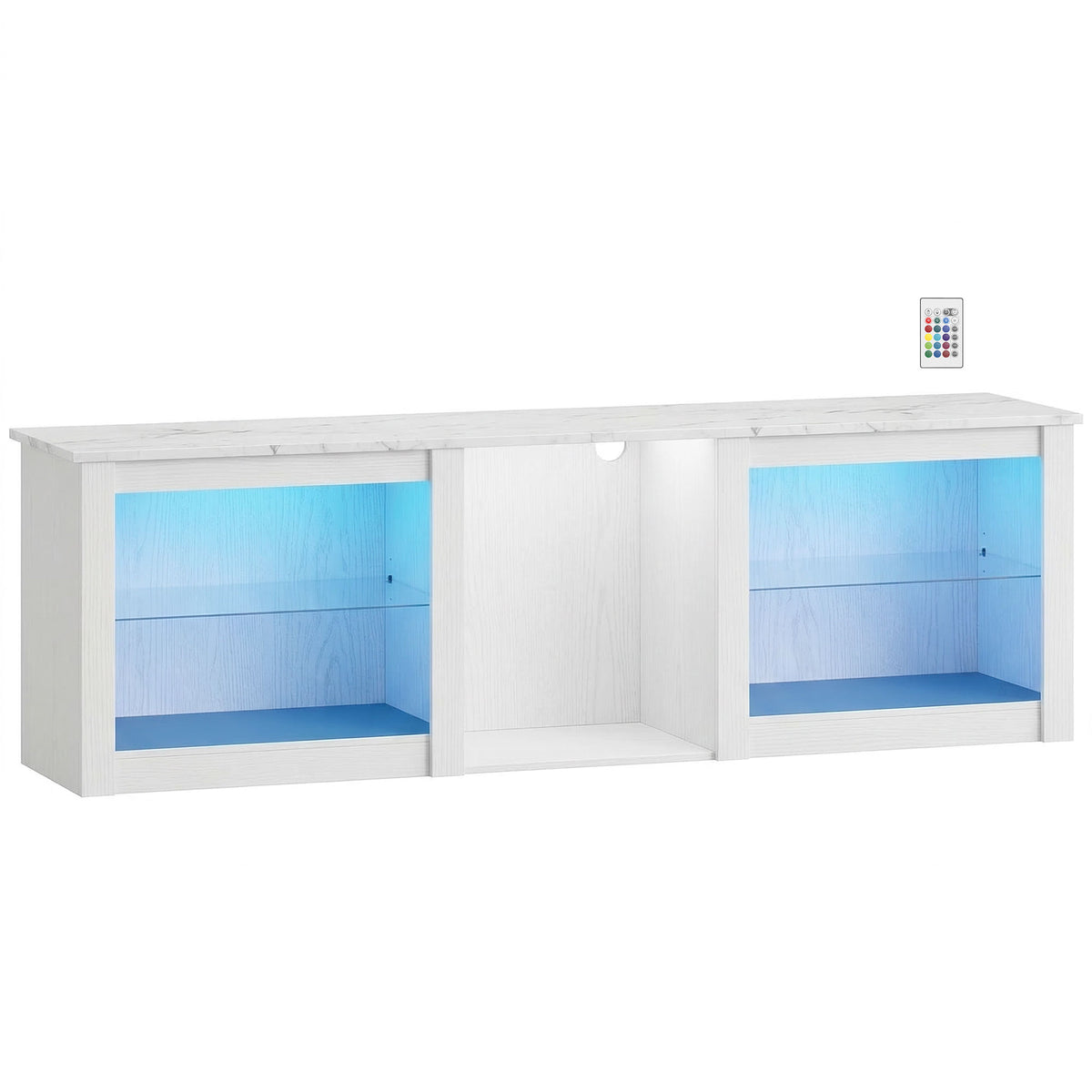 Mobile TV bianco da 160 cm con piano effetto marmo, ripiani in vetro e illuminazione LED azzurra, con telecomando