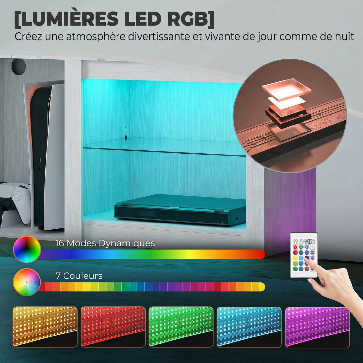 Dettaglio dell’illuminazione LED RGB del mobile TV bianco, del telecomando e delle diverse colorazioni