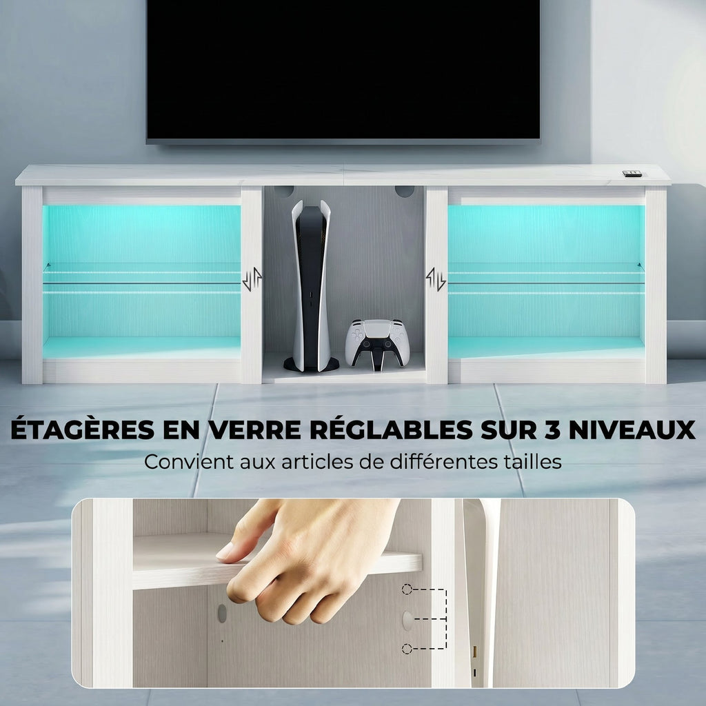 Ripiani in vetro regolabili del mobile TV bianco e dettaglio dei fori per posizionarli a diverse altezze