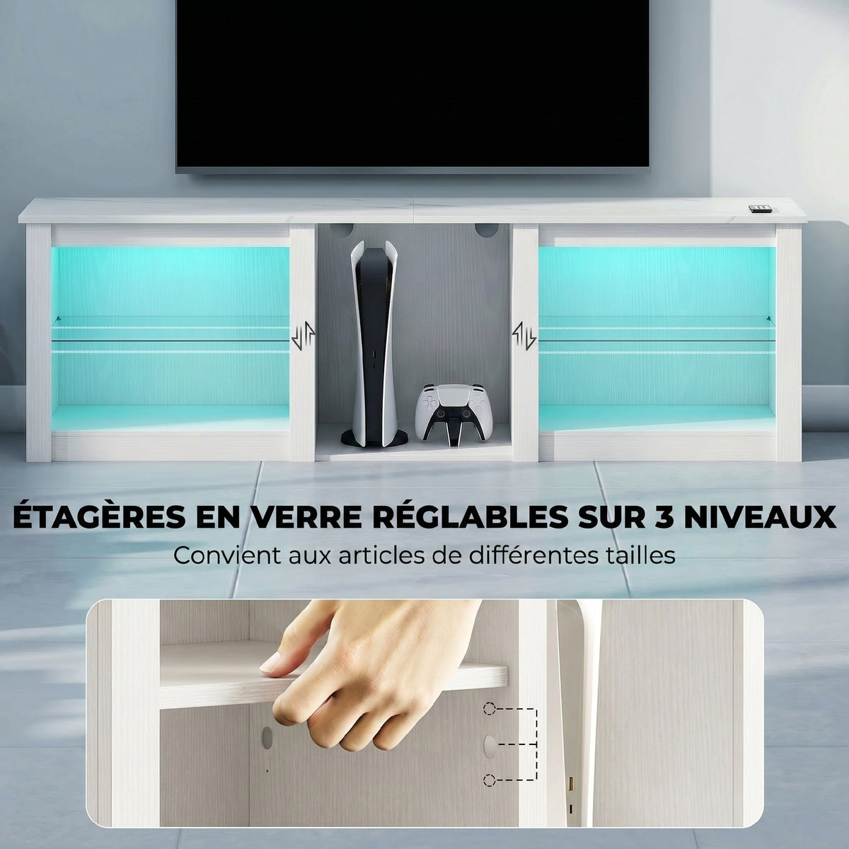 Ripiani in vetro regolabili del mobile TV bianco e dettaglio dei fori per posizionarli a diverse altezze