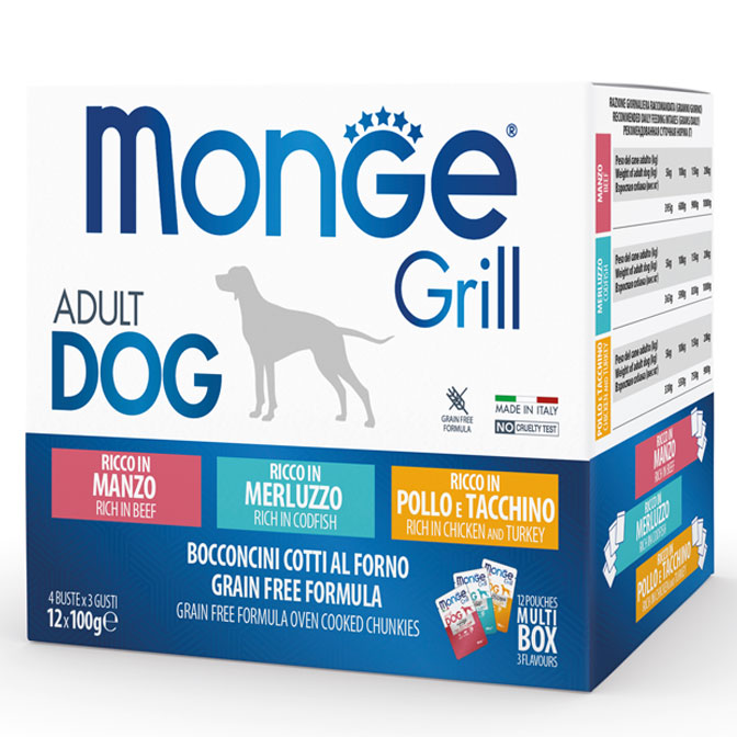 MONGE GRILL ADULT DOG MULTIPACK (MANZO, MERLUZZO, POLLO & TACCHINO) 12 x 100 GR.